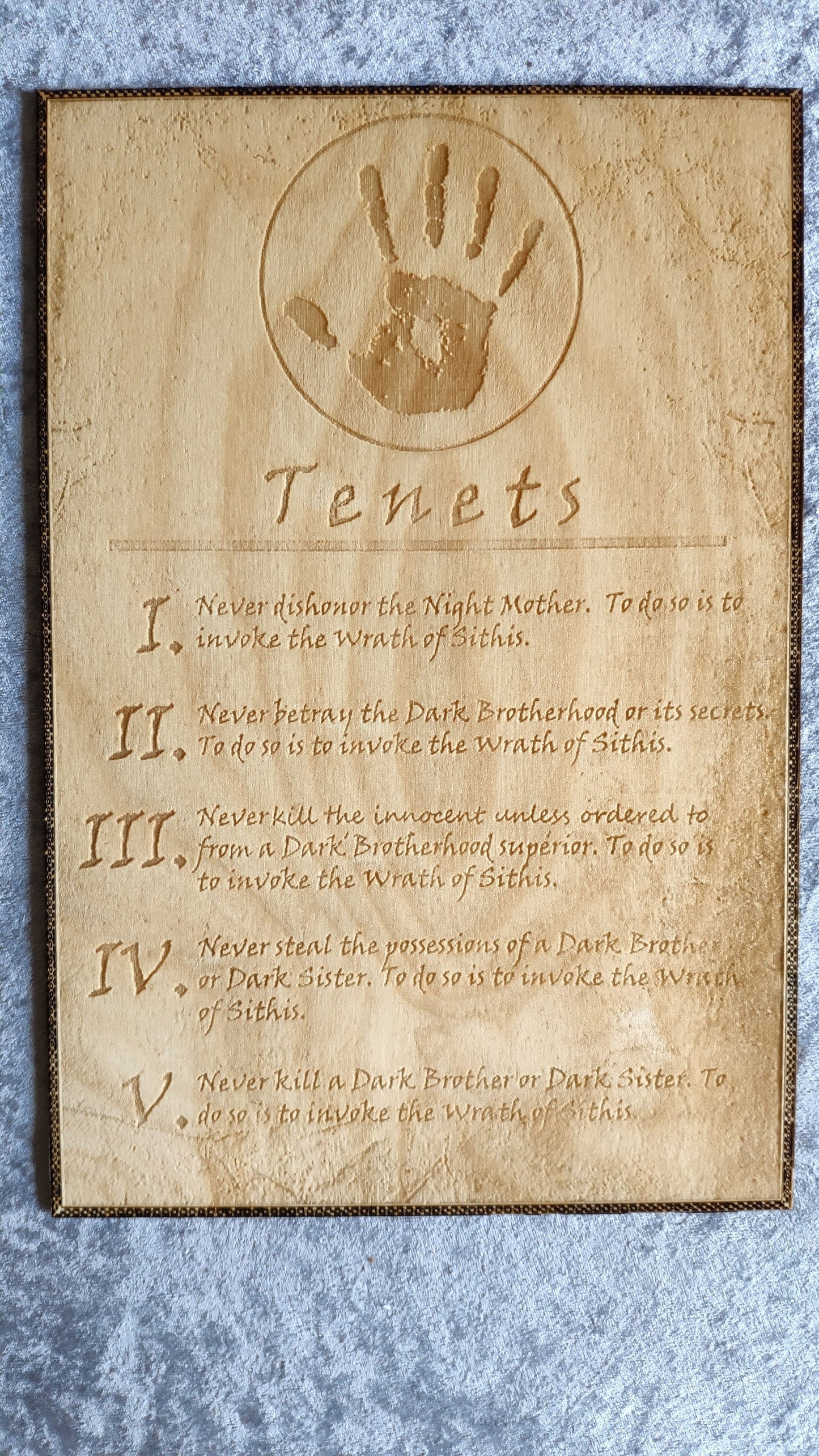 Tenets from the Dark Brotherhood, The Elder Scrolls, Laser engraved