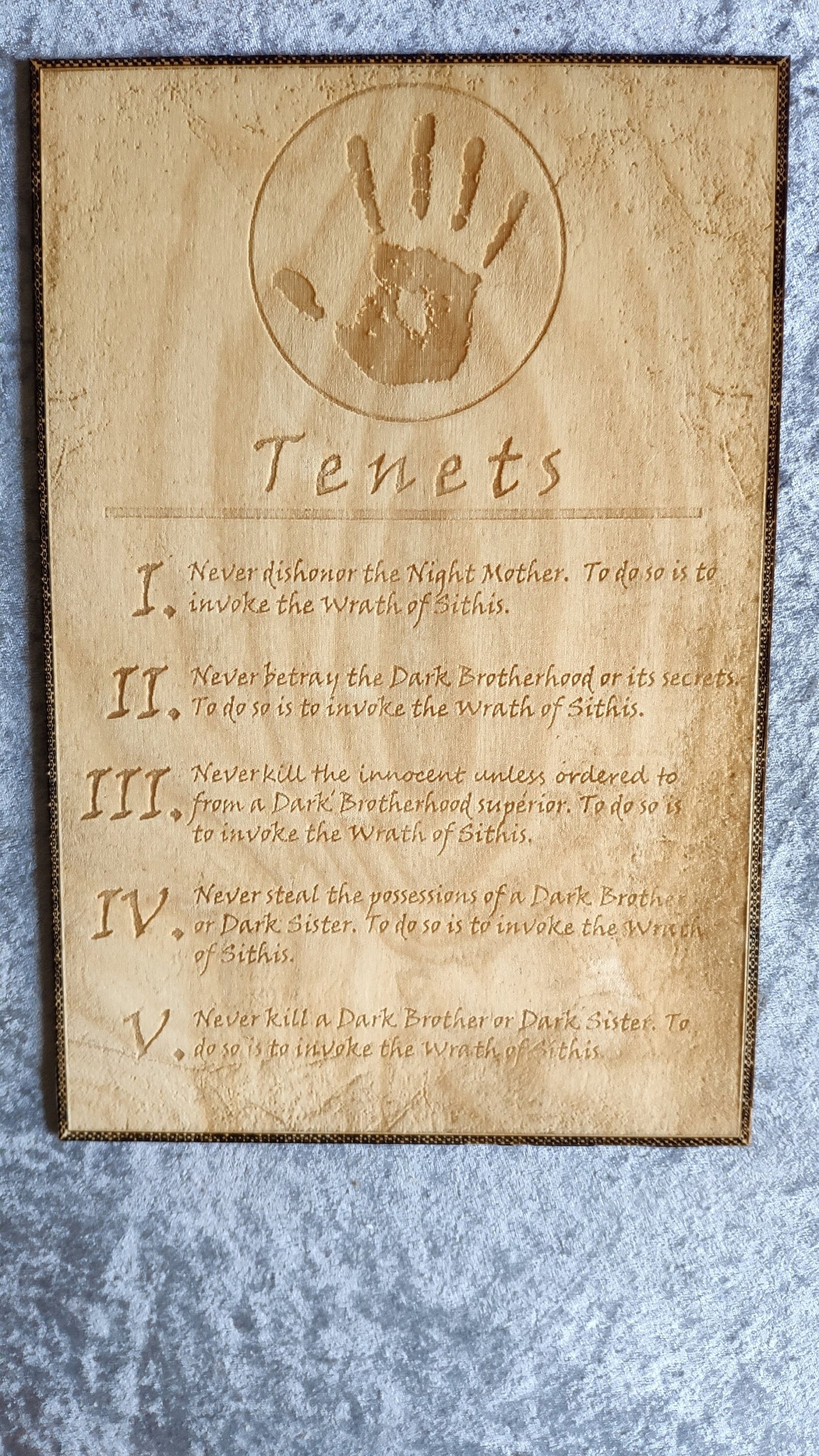 Tenets from the Dark Brotherhood, The Elder Scrolls, Laser engraved