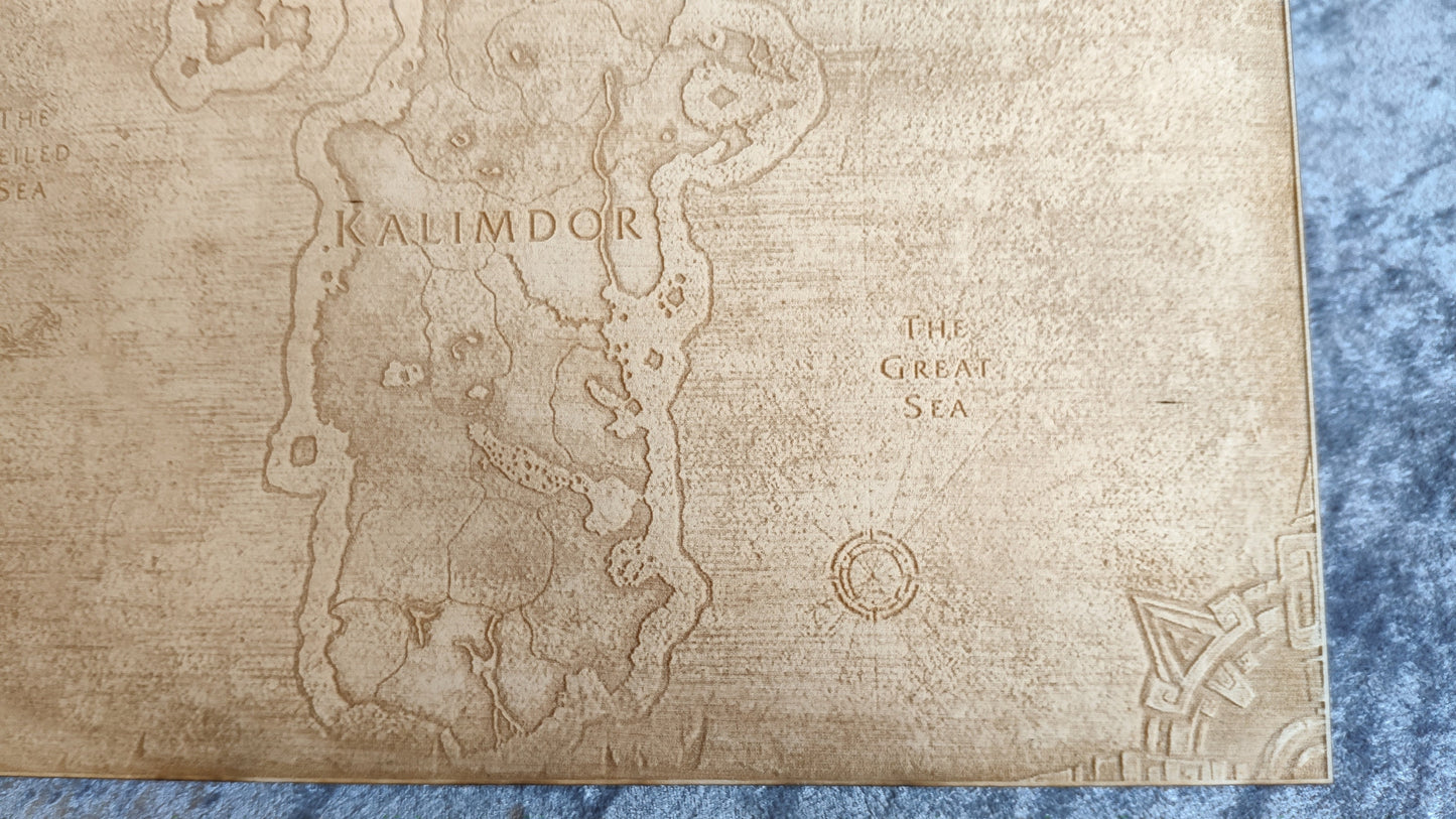 Kalimdor from World of Warcraft Laser engraved map