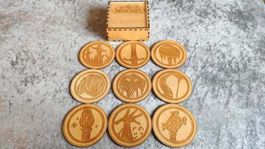 World of Warcraft classic full set of class coasters in engraved wooden gift box, WOW coasters