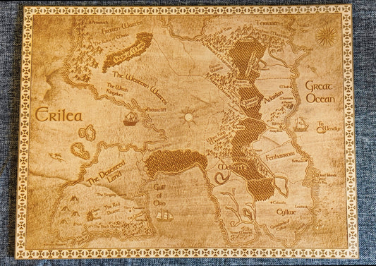 Erilea Laser engraved world map from the Thorne of Glass series written by S.J. Maas