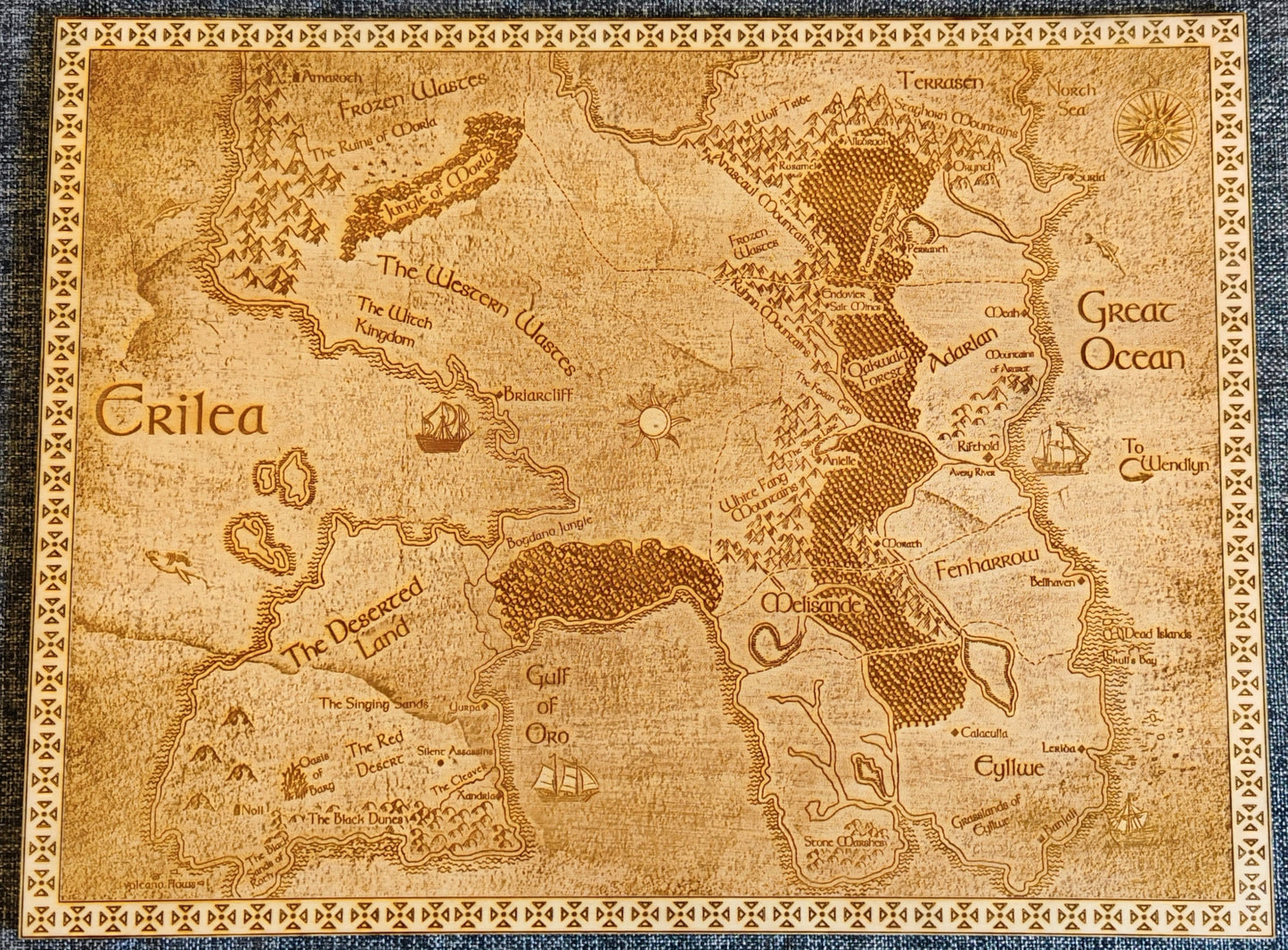 Erilea Laser engraved world map from the Thorne of Glass series written by S.J. Maas