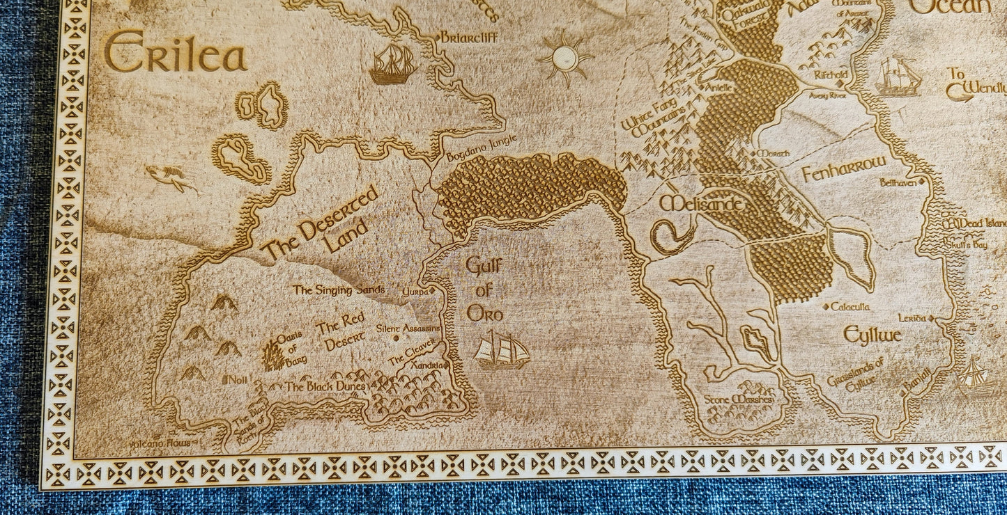 Erilea Laser engraved world map from the Thorne of Glass series written by S.J. Maas