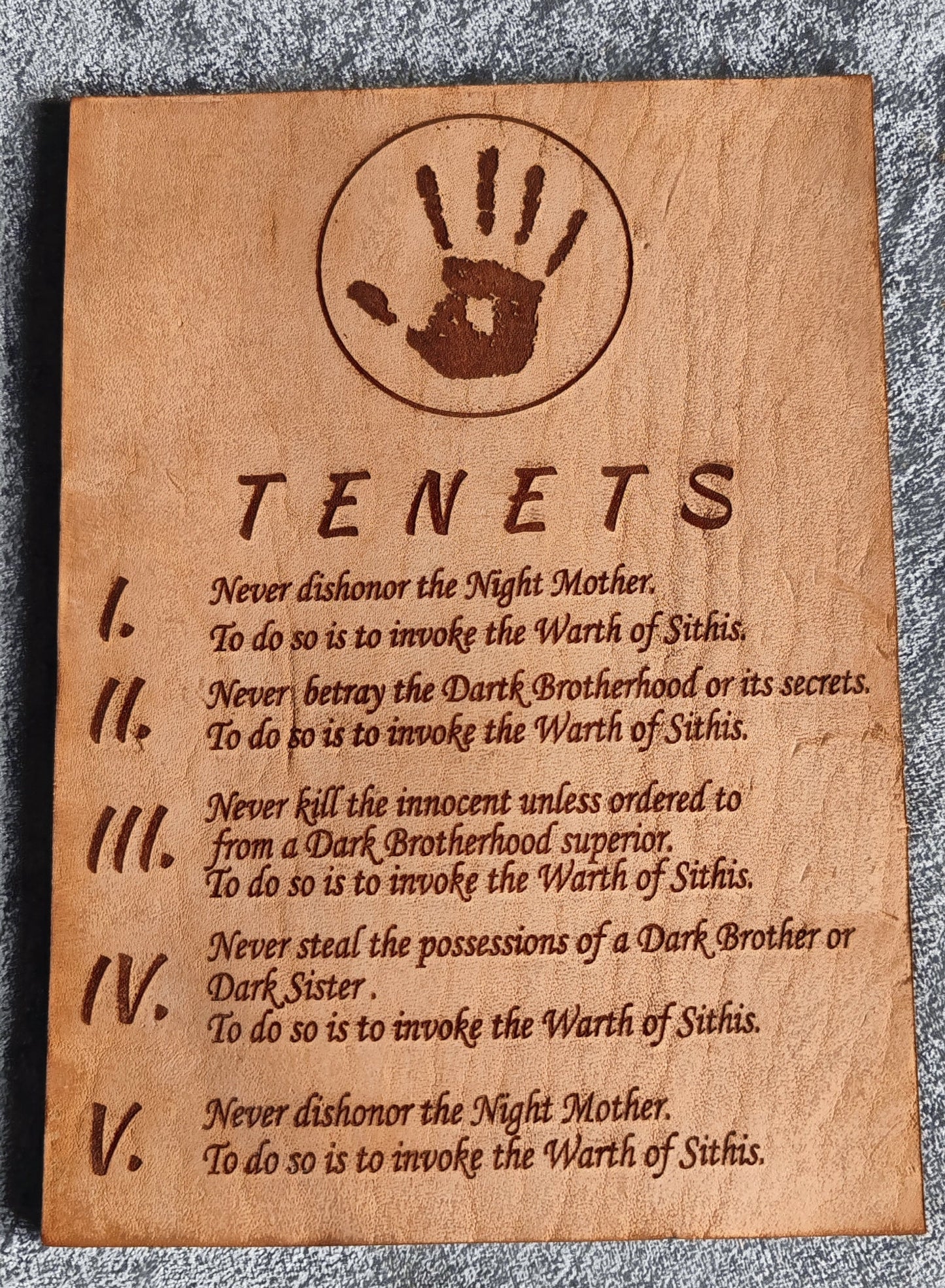 Tenets from the Dark Brotherhood, The Elder Scrolls, Leather laser engraved