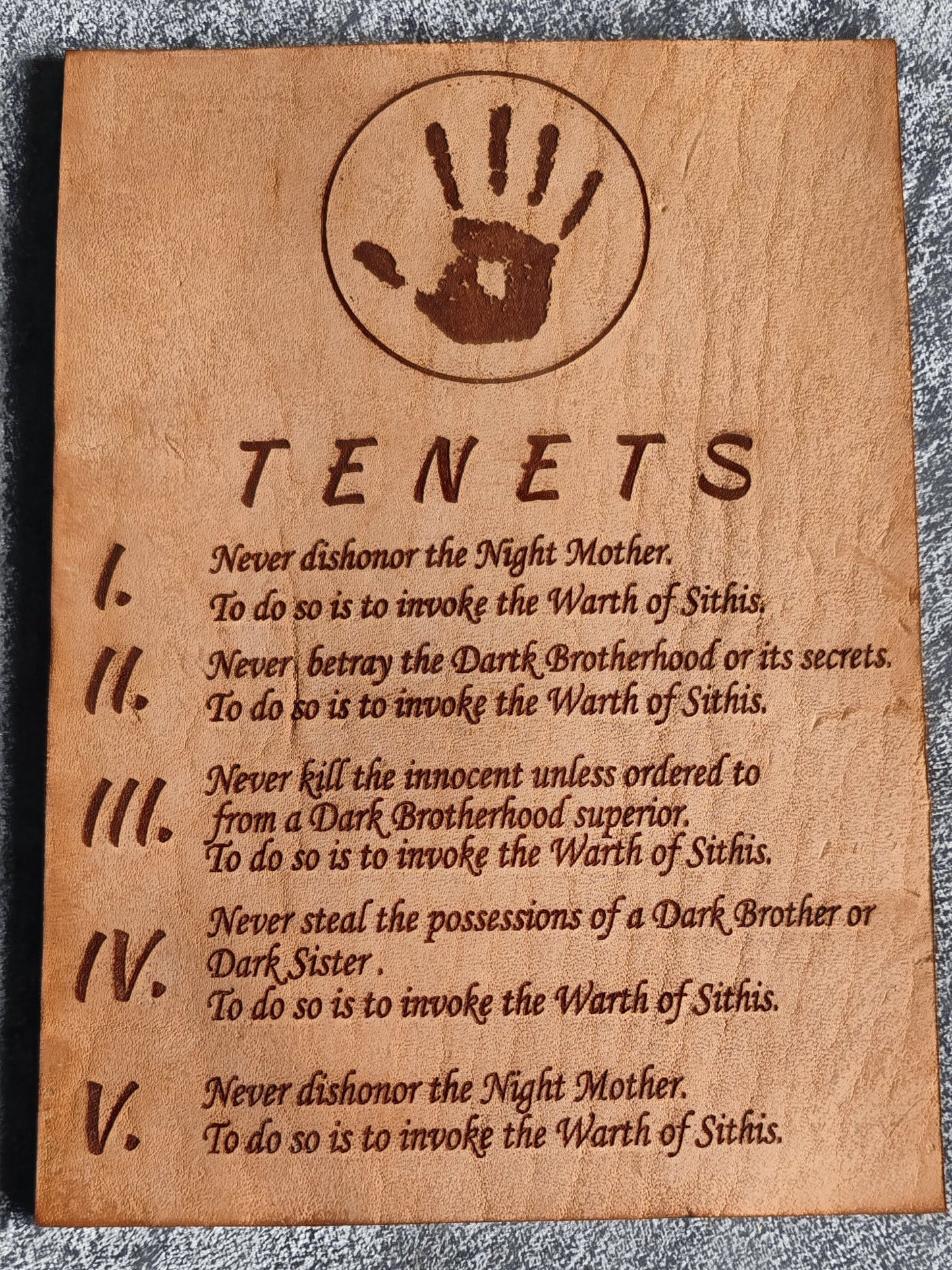 Tenets from the Dark Brotherhood, The Elder Scrolls, Leather laser engraved